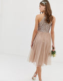 Gorgeous Glittering Top Tulle Halter Romantic Short Long Sleeveless Bridesmaid Dress