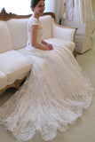 Long A-Line Round Neck Illusion White Lace Wedding Dresses