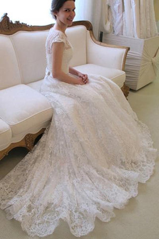 Long A-Line Round Neck Illusion White Lace Wedding Dresses