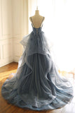 Deep V Neck Appliques Bridal Dresses Multi-Layered Organza Prom Dresses