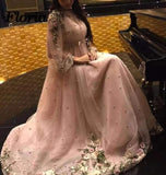 Sparkly Long Sleeves Beading Prom Dresses with Hand Made Flowers, Long Dance Dresses SJS15536