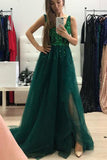 Stunning Green V Neck Tulle Sleeveless Split Side Prom Dresses with Sequins