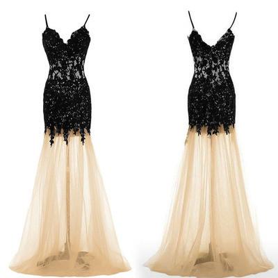 Black Lace Mermaid Unique Sweetheart Spaghetti Straps Tulle Sexy Prom Dresses JS988