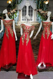 Sister Red Prom Dresses A-Line Lace Up Scoop Neck Gold Appliques
