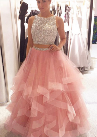 Charming A-Line Beading Two Pieces Long High Neck Tulle Floor-Length Prom Dresses JS216