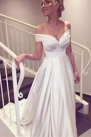 Elegant V-neck Cap Sleeves A-line Satin Wedding Dress Bride Gown JS390