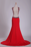Prom Dresses Sheath Scoop Spandex With Beading Open Back Sweep Train