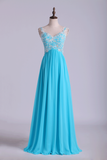 Low Back Straps A Line Chiffon Prom Dress With Lace Bodice