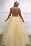 Light Yellow Tulle Beading V Neck Long Prom Dresses with Open Back, Evening Dresses SJS15239