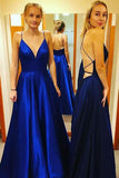 Simple A Line Spaghetti Straps V Neck Prom Dresses with Pockets, Backless Long Dance Dress SJS15384