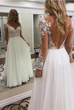 A Line Floor Length Long Sleeves V Neck Tulle Beach Wedding Dress With Appliques