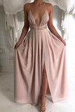 New Style Sexy Backless Long V-Neck Halter Sleeveless Simple Cheap Pink Prom Dresses JS773