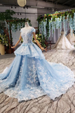 Light Sky Blue Gorgeous Prom Dress With Flowers, Ball Gown Quinceanera Dress With Beads