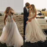 Spaghetti Straps Tulle Deep V-Neck Wedding Dresses, Romantic Bohemian Beach Bridal Dress SJS15421