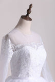 A Line Scoop Long Sleeves Tulle With Applique And Sash Wedding Dresses