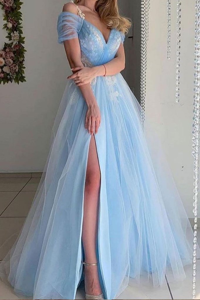 Light Blue Split Side Off Shoulder A Line Tulle Long Prom Dresses Formal Gowns