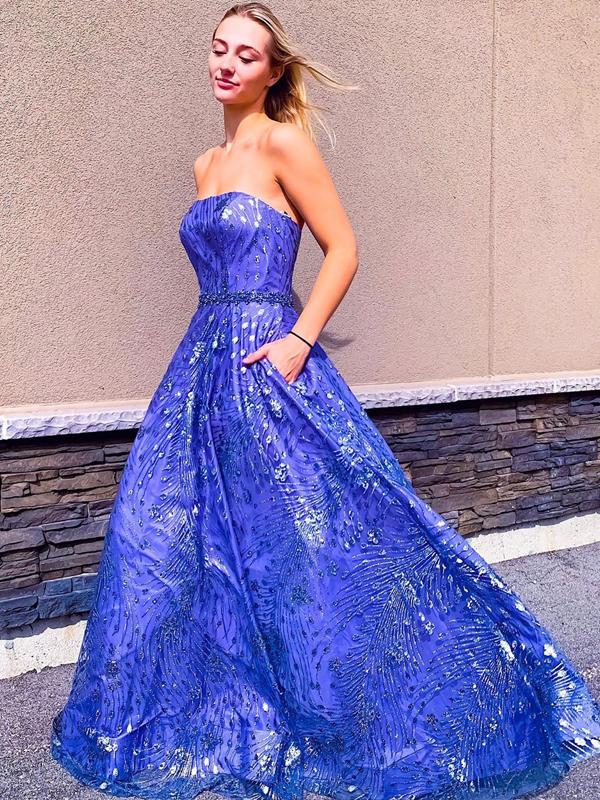 Royal Blue Lace Strapless A-Line Long Prom Dress