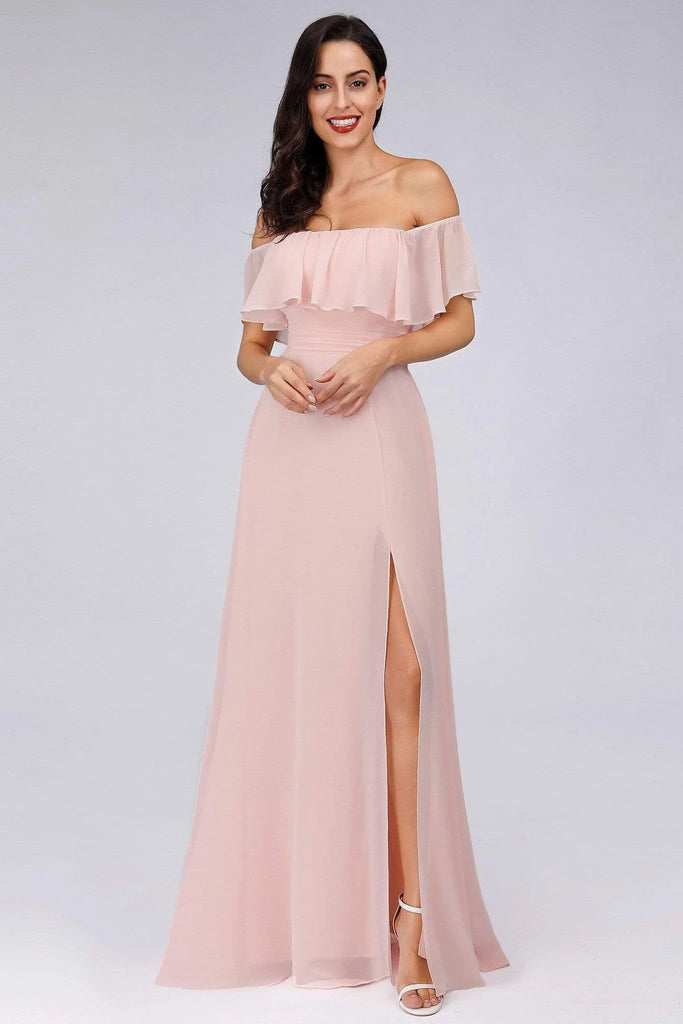 Charming Off Shoulder Ruffle Pink Chiffon Long Prom Dresses Bridesmaid Dresses SJS15114