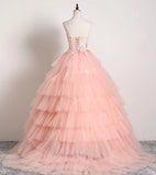 Princess Ball Gown Pink 3D Lace Multi-layered Prom Dresses, Tulle Quinceanera Dresses SJS15292