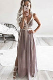 Elegant Straps V Neck Sleeveless Prom Dresses with Split Side