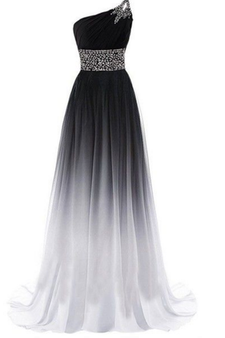 Simple One Shoulder Chiffon Ombre Prom Dresses with Beading