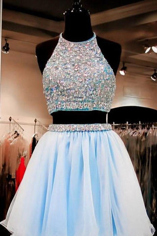 Shiny Two-Piece Halter Homecoming Dresses A Line Chiffon With Beading Zipper Up