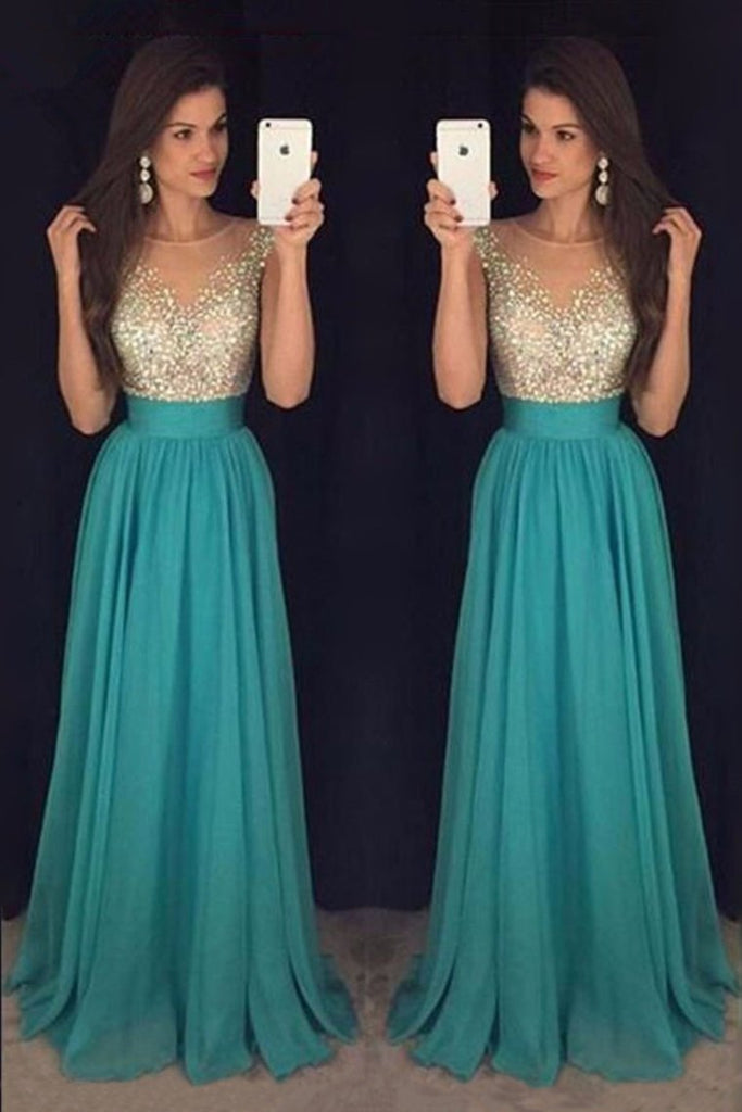 Scoop Prom Dresses A-Line Chiffon With Beaded Bodice And Ruffles