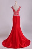 Red Bateau Lace&Taffeta Prom Dresses Mermaid With Beads