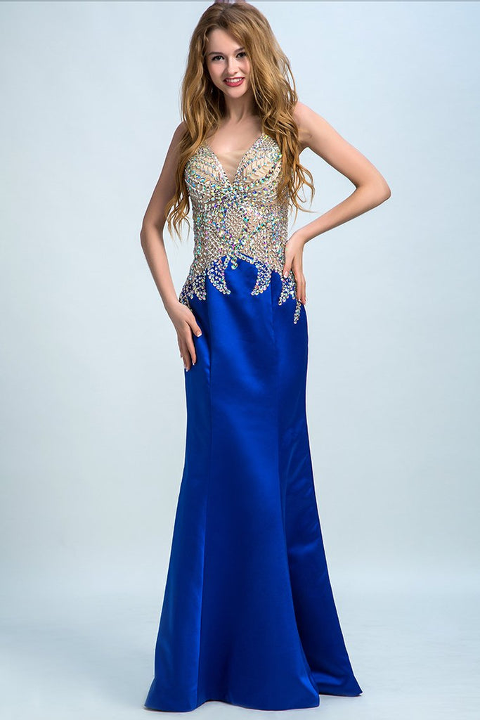 Dark Royal Blue Mermaid Prom Dresses V Neck Beaded Bodice Satin Evening Dresses