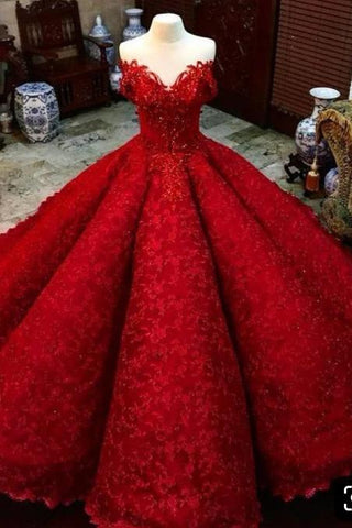 Ball Gown Red V Neck Long Off the Shoulder Prom Dresses, Quinceanera Dresses SJS15563