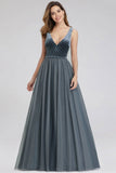 A-Line V-Neck Sleeveless Blue Floor-length Evening Dress Cheap Prom Dresses SJS15055