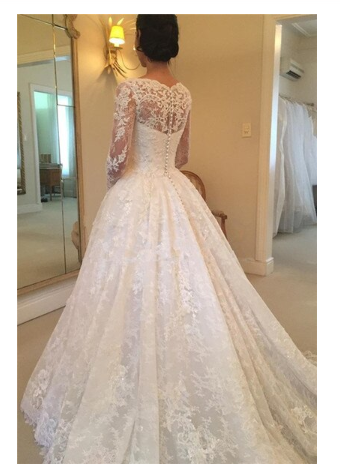 A-Line Lace Appliques V Neck Tulle Long Sleeve Ivory Covered Buttons Wedding Dresses