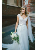 Elegant A-Line V Neck Cap Sleeves Tulle Appliques White Wedding Dresses with Lace
