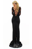 Lace Illusion Long Sleeves Prom Dress, Black Sheath Backless Evening Dress With Split