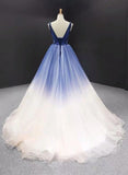 Ball Gown Ombre V Neck Tulle Royal Blue Long Prom Dresses, Quinceanera Dresses SJS15067