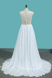 A Line Chiffon High Neck Wedding Dresses With Beads And Slit Sweep Train