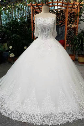 Gorgeous Floor Length Lace Up Wedding Dresses With Appliques And Sequins Middle-Length Sleeves