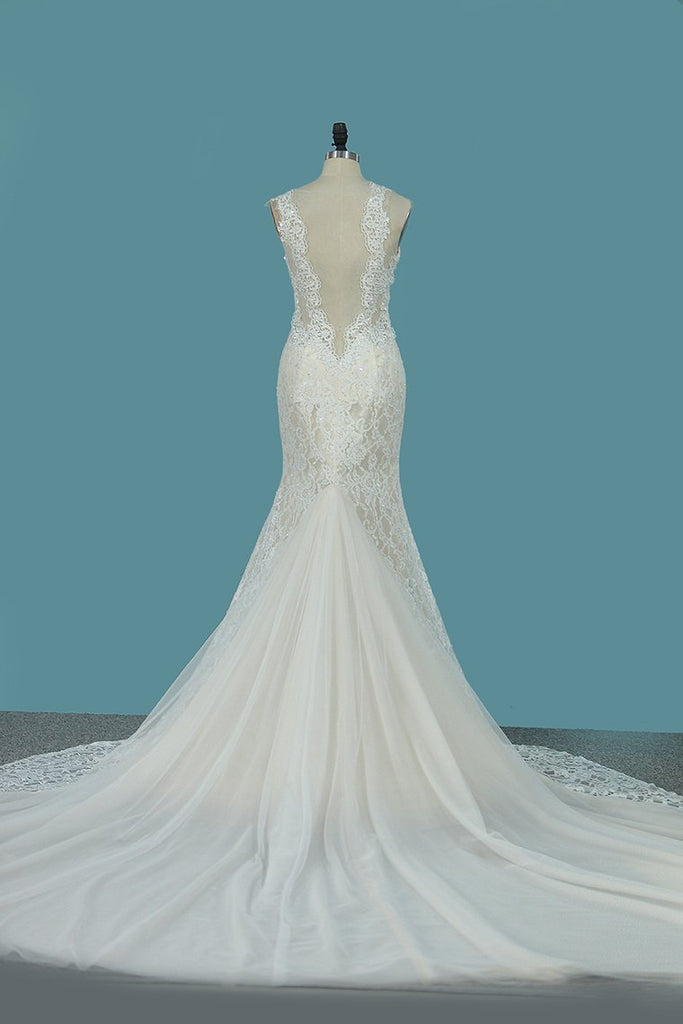 Spaghetti Straps Lace Mermaid Wedding Dresses With Beads Court Train