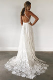 Charming Lace Long A-line Spaghetti Straps Ivory V-Neck Beach Wedding Dress