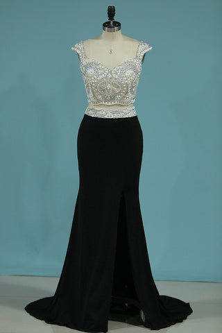 New Arrival Prom Dress Two Pieces Mermaid With Beading Spandex Slit Sweep Train