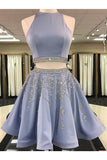 A Line 2 Pieces Beaded Satin Short Homecoming Dresses Scoop