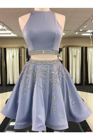A Line 2 Pieces Beaded Satin Short Homecoming Dresses Scoop