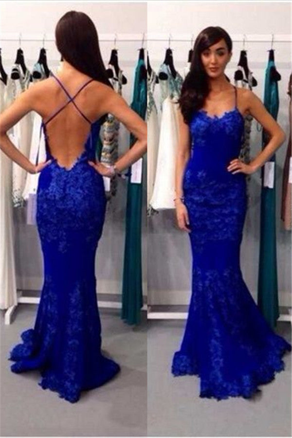 Black Mermaid Backless Lace Prom Dresses Floor-Length Evening Gowns JS967