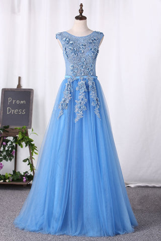 Prom Dresses A Line Lace Up Tulle Scoop With Applique And Sash
