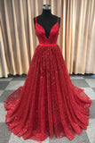 A Line Sleeveless Spaghetti Straps Deap V Neck Red Prom Dresses