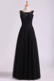 Black Bateau Evening Dresses Tulle With Applique & Beads Floor Length