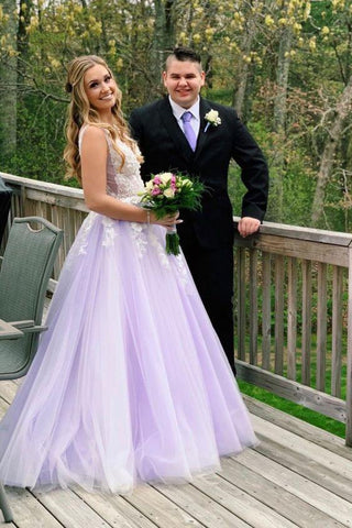 A Line Lilac Appliques V Neck Long Prom Dresses, Long Prom Formal Gowns SJS15004