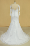 Plus Size Mermaid Open Back Wedding Dresses 3/4 Length Sleeve Tulle With Applique