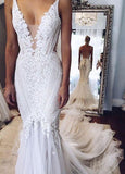Appliques V-Neck Elegant Mermaid Open-Back Wedding Dresses JS281