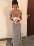 New Arrival Off The Shoulder Grey Beads Backless Mermaid Long Prom Dresses UK JS427